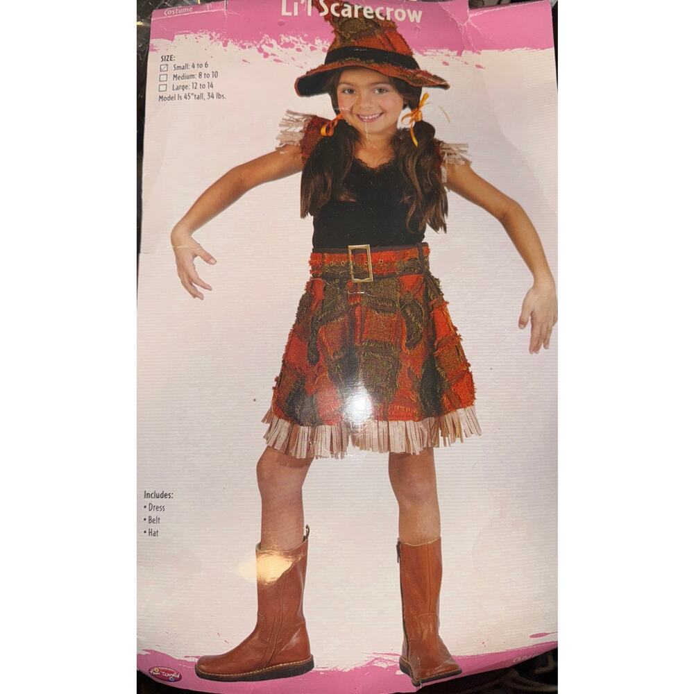 NEW Lil Scarecrow Costume Dress Belt Hat Fall Autumn Small 4-6 y Thanksgiving